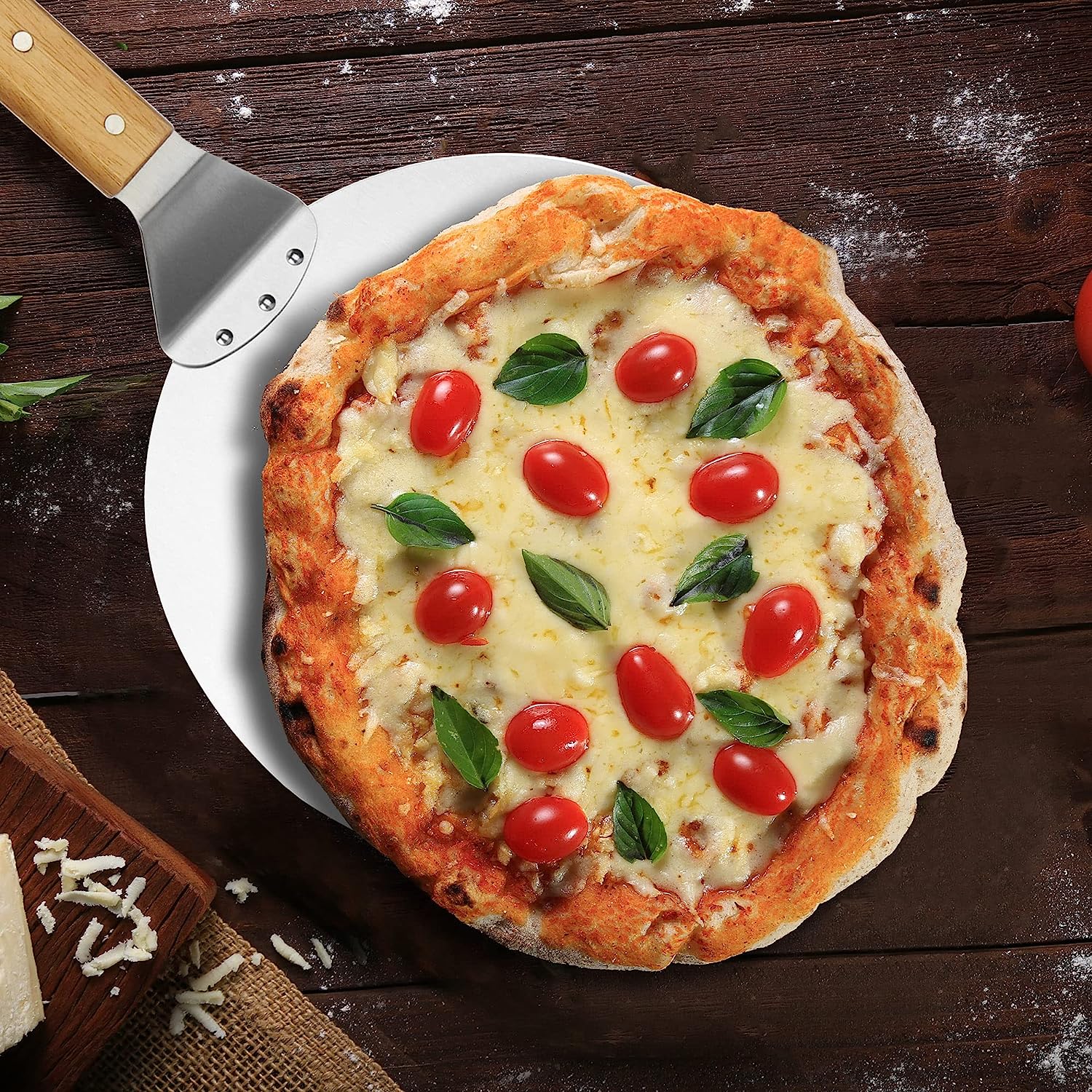 Pizzaschaufel aus rostfreiem Edelstahl – Pizzaheber mit Holzgriff – Runder Pizzaschieber für Pizza, Flammkuchen und Brot (braun/silberfarben – rund)